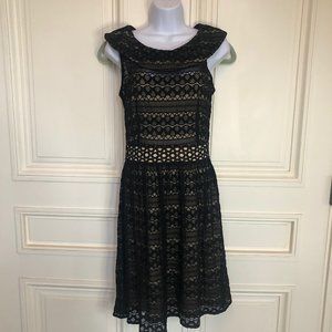 Black Lace Dress Taylor Size 10 Cut Out Lace with Nude Lining Round Collar